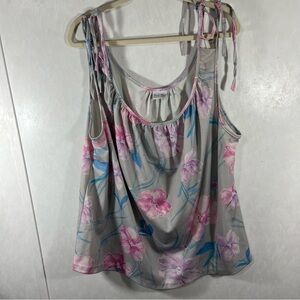 Lind Clare Gray and Pink Floral Sleeveless Tank Top Double Spaghetti Straps